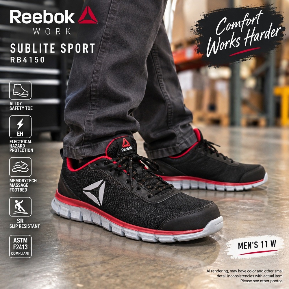 Reebok 11 W Sublite Sport RB4150 Black Red Alloy Toe EH Safety Work Shoes